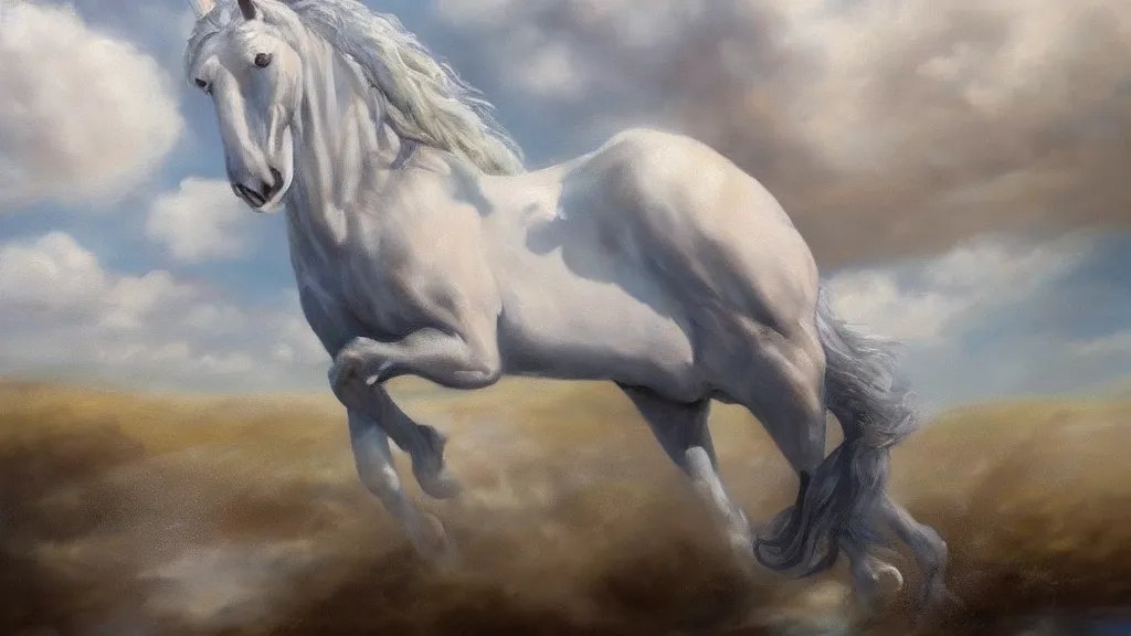 Prompt: very realistic oil painting of horse made of clouds , beautiful, highly detailed, masterpiece, next to a small crystal clear river, Hearthstone style