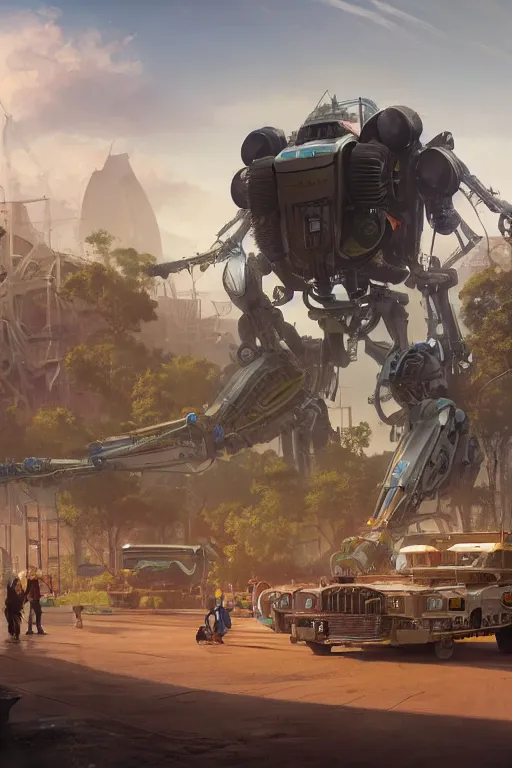 Prompt: engineers work around a giant 1 0 0 ft orgainc wooden mech, solarpunk, organic mech, tree mech, cinematic lighting, octane render, 3 d pixar disney digital cgi rtx hdr painting, highly detailed, artstation cgsociety masterpiece, by syd mead, greg rutkowski, wlop, artger