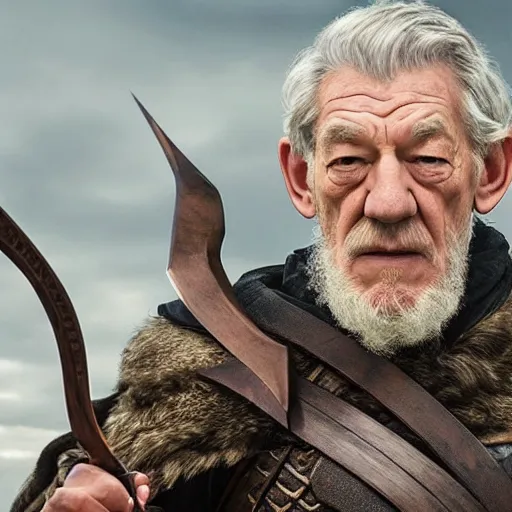 Image similar to sir ian mckellen playing odin all father from the thor movie, sir ian mckellen shooting arrows from his bow, highly detailed, cinematic shot, cinematic lighting, 8 k, exquisit facial detail