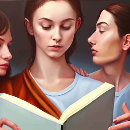 Prompt: hyperrealistic painting of a beautiful young woman holding a book while a woman and three men peep into the book from behind, detailed digital art, trending on artstation