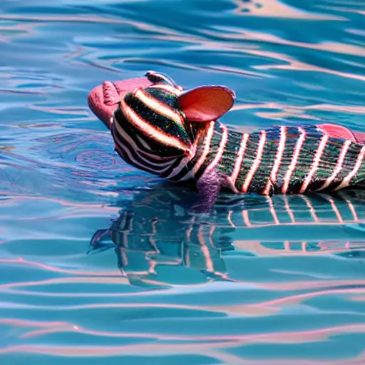 Image similar to striped gremlin swimming in a pool in the desert