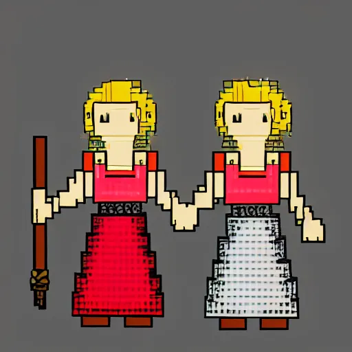 Image similar to two women holding hands in medieval fantasy kitchen, 8 bitfiction, pixel art