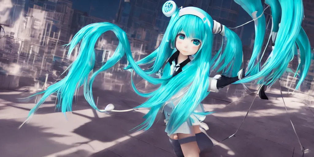 Image similar to hatsune miku, unreal 5, hyperrealistic, realistic, photorealistic, dynamic lighting, highly detailed, cinematic landscape, studio landscape, studio lighting