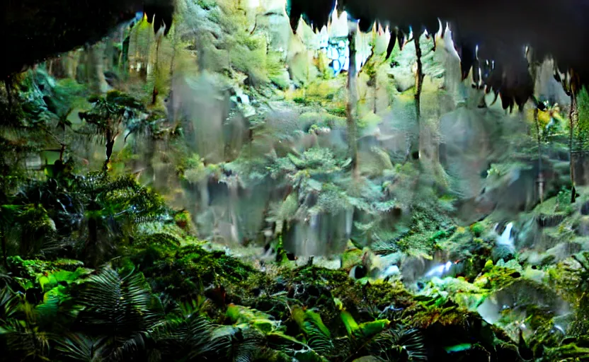 Image similar to a beautiful render of a dark prehistoric rainforest in a humongous cave, lush flora, patches of sky, magenta, green, sunset, floating mountains and a waterfall in the background, intricate detail, hazy, humid, volumetric lighting, 8 k, photorealistic, raytracing effects, unreal engine 5