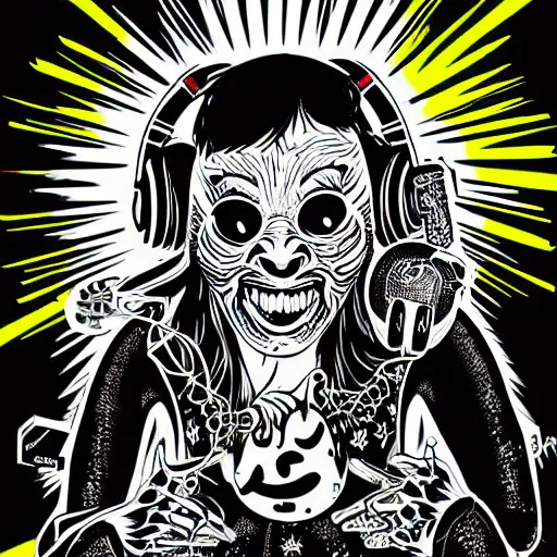 Image similar to artgerm, psychedelic laughing demon, rocking out, headphones dj rave, digital artwork, r. crumb, svg vector