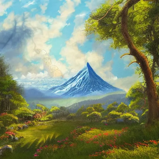 Prompt: painting lord of the rings idyllic landscape, forrest, tower