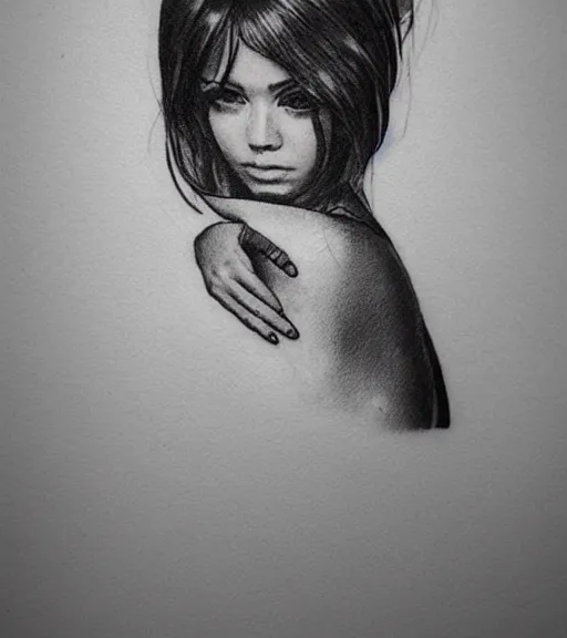 Image similar to tattoo design sketch of a beautiful girl portrait in front of a faded mountain background, in the style of den yakovlev, black and white, realism tattoo, hyper realistic, highly detailed