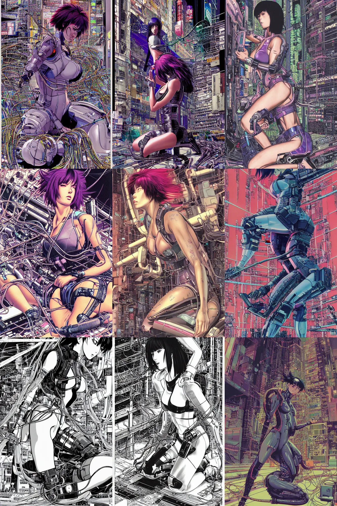 Prompt: an hyper-detailed cyberpunk illustration of motoko kusanagi kneeling on the floor in a tech labor, seen from the side with her body open showing cables and wires coming out, by masamune shirow, Yukito Kishiro and katsuhiro otomo, japan, 1980s, centered, colorful, super coherent