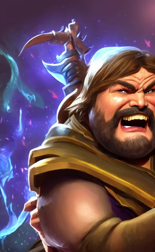 Image similar to Jack Black as a character in the game League of Legends, with a background based on the game League of Legends, detailed face, old 3d graphics