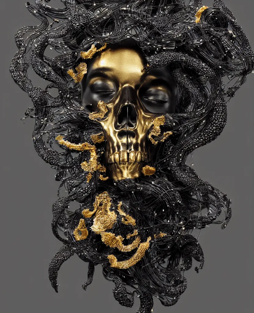 Image similar to fully black background. background hex 000000. goddess princess face close-up portrait ram skull. sculpture made of gold and black charcoal. jellyfish phoenix head, nautilus, orchid, skull, betta fish, bioluminiscent creatures, intricate artwork by Tooth Wu and wlop and beeple. octane render, trending on artstation, greg rutkowski very coherent symmetrical artwork. cinematic, hyper realism, high detail, octane render, 8k