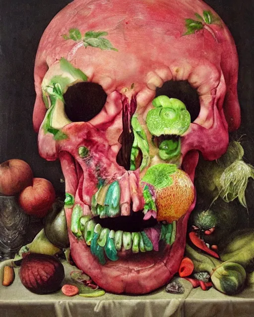 Image similar to interdimensional human watermelon skull being made out of fruits, ethereal still life renaissance painting by giuseppe arcimboldo and alex grey