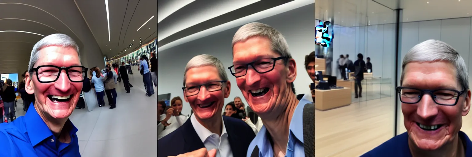 Prompt: selfie of Tim Cook at the apple store, wide angle, smiling, f6.5