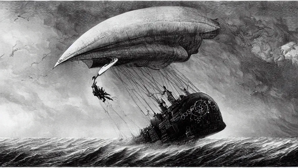 Image similar to drawing of one giant steampunk zeppelin flying above a stormy ocean, by gustave dore, nineteenth century, black and white, vintage, science fiction, epic composition, dramatic lighting, highly detailed, cinematic