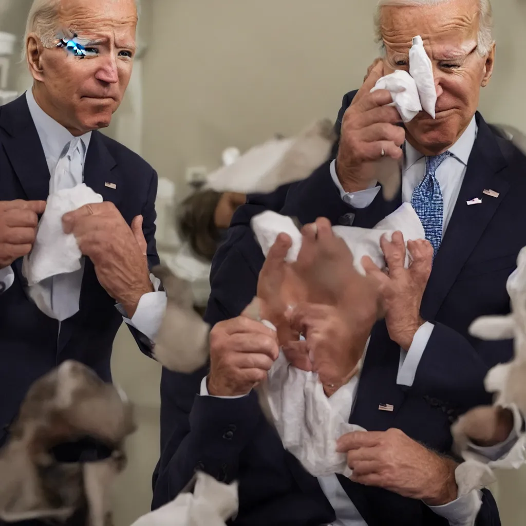 Image similar to joe biden picking his nose while sitting on the toilet, white press conference on cnn