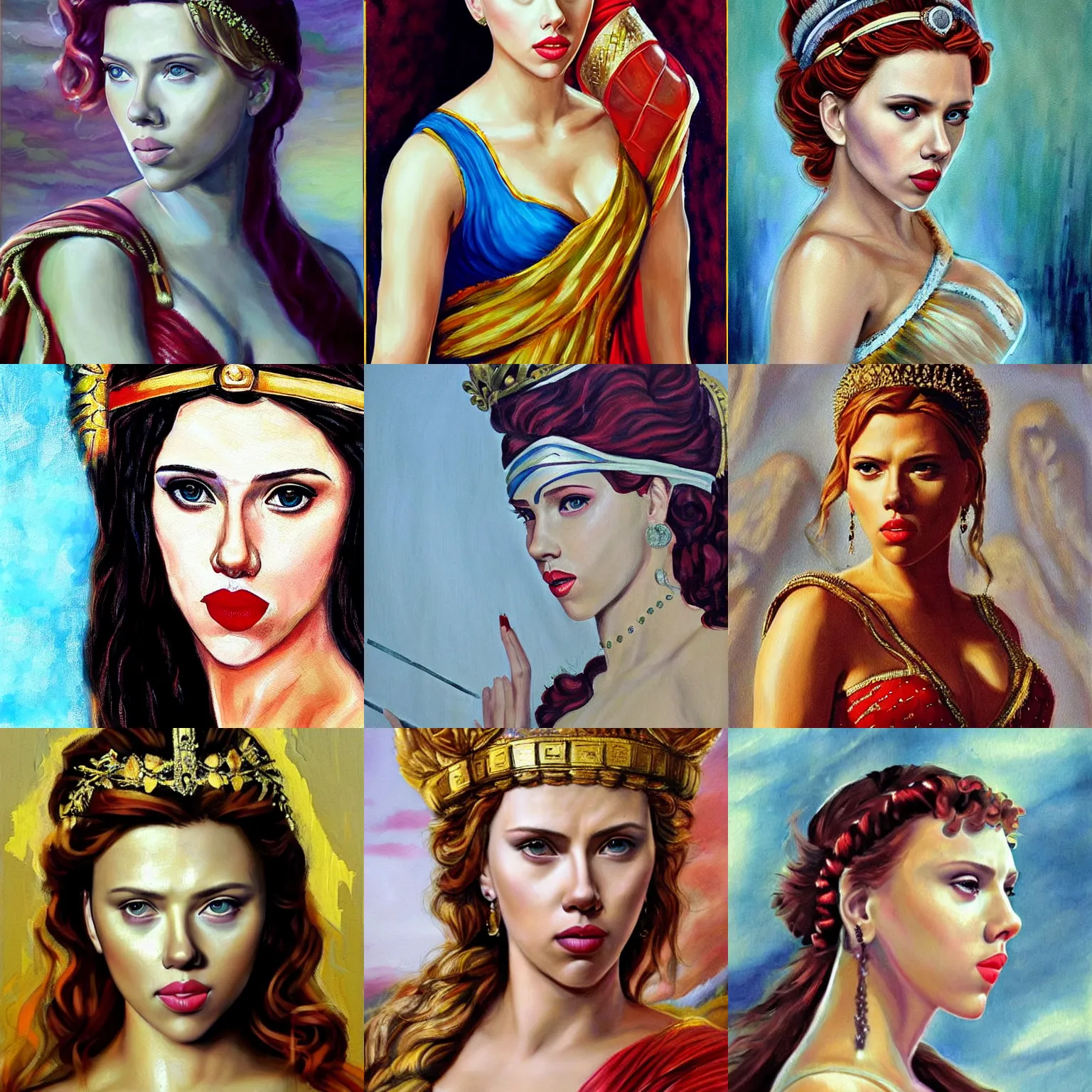 Image similar to Scarlett Johansson as a beautiful Greek Godess, Painting,