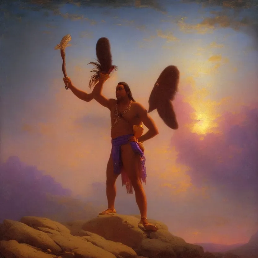 Prompt: handsome navaho god in a loincloth, posing against a royal purple backdrop by ivan aivazovsky, oil painting, beautiful soft lighting, saturated colours, artstation