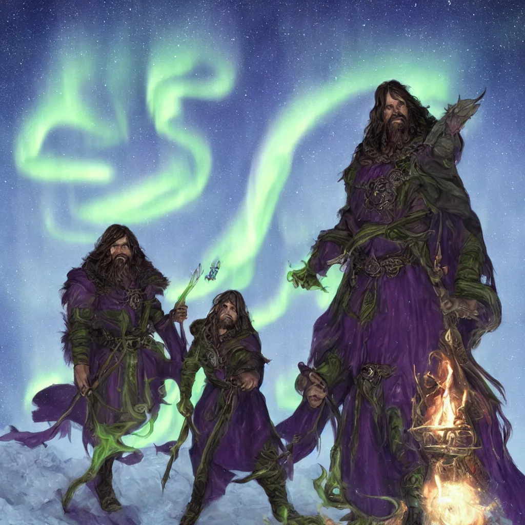 Prompt: dungeons and dragons, realistic,full body long hair goatee warlock with pet imp, magic aura, northern lights