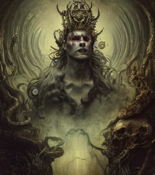 Image similar to portrait of the king of the underworld, surrounded by skulls and overgrowth by karol bak, Tomasz Alen Kopera, James Jean, tom bagshaw, rococo, trending on artstation, cinematic lighting, hyper realism, octane render, 8k, hyper detailed.