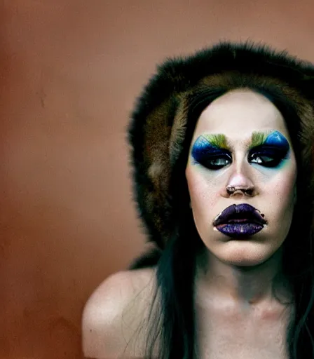 Image similar to a high quality, high detail, portrait of a drag queen by kyle thompson, intense look in the eyes, moody, nostalgic