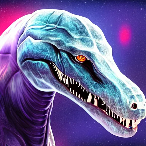 Image similar to a hyper realistic digital painting of a dinosaur in an space