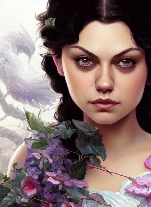 Prompt: beautiful young mila kunis as snow white princess disney, closeup, d & d, fantasy, intricate, elegant, highly detailed, digital painting, artstation, concept art, matte, sharp focus, illustration, art by artgerm and greg rutkowski and alphonse mucha