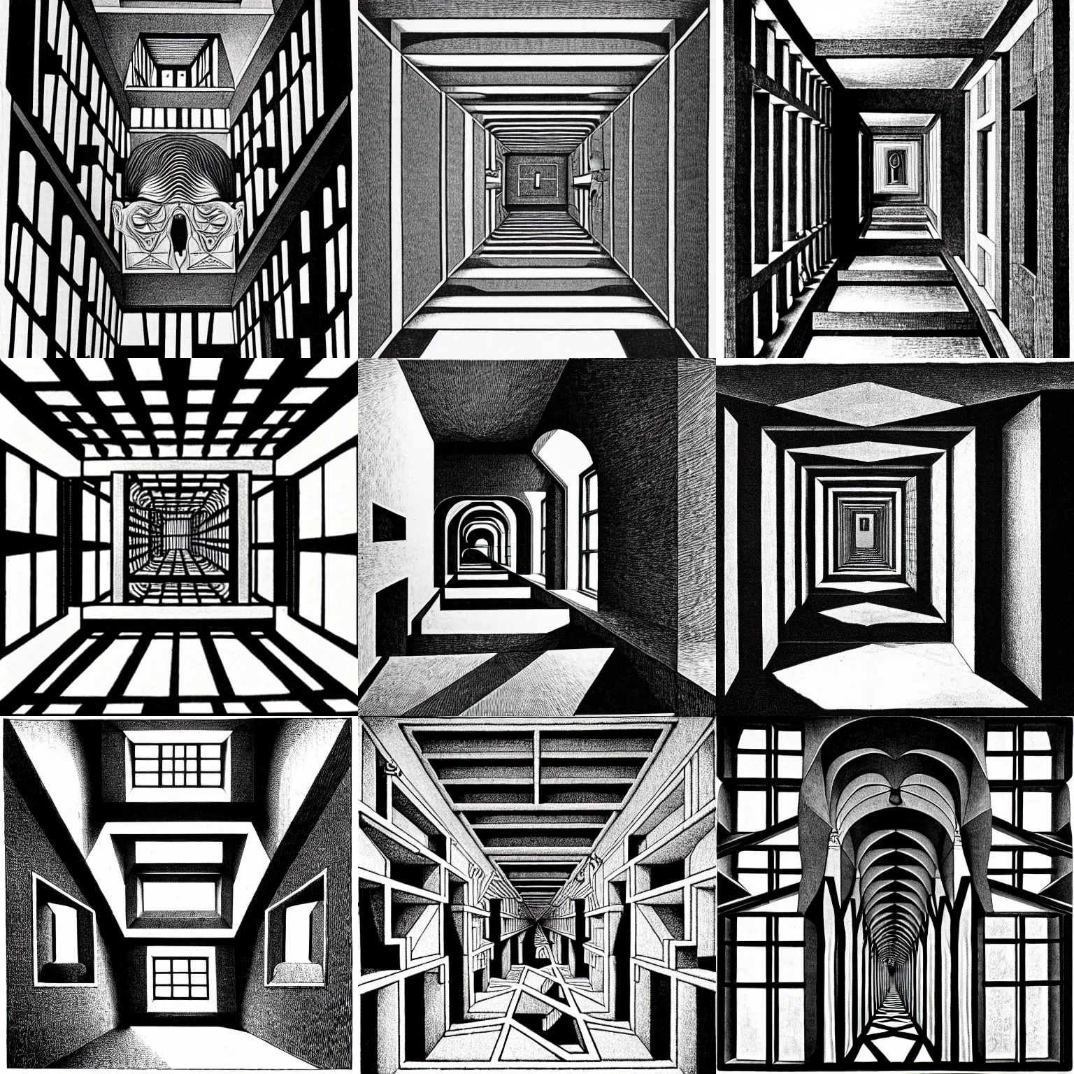 Prompt: impossible room of interior of a head by m. c. escher