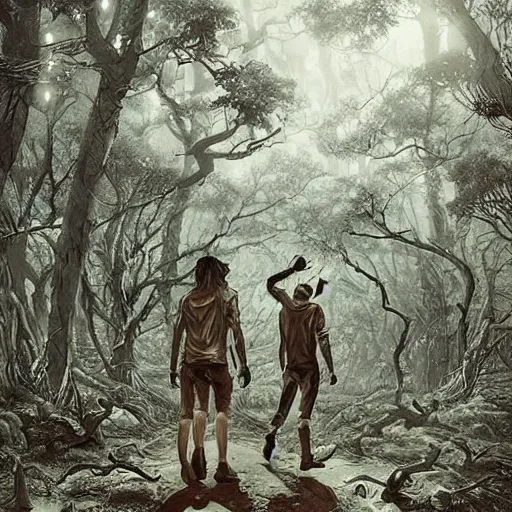 Image similar to sci - fi monster hunters, walking in a flesh and bones forest, hyperdetailed, art makoto kobayashi