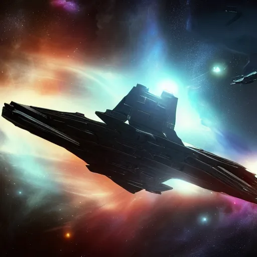 Prompt: EVE Online spaceship approaching a stargate, dark, fantasy, black hole, stars, hyper detailed, 4k, space, nebulae
