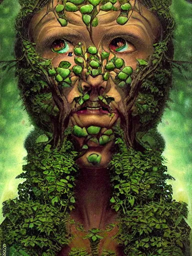 Prompt: The Hanging-Gardens of Pareidolia, ivy, verbena and pothos growing facial features and optical-illusions, aesthetic!!!!!!, by Gerald Brom in the style of Johfra Bosschart in the style of,