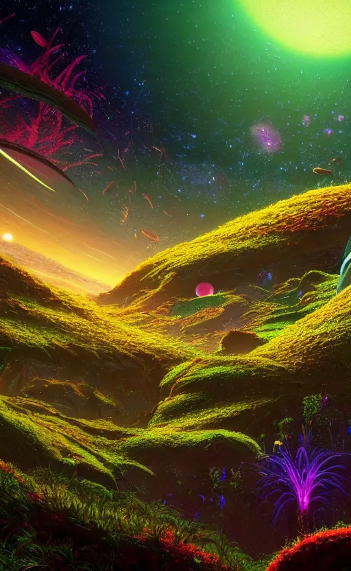 Image similar to an amazing alien landscape with lush vegetation and colourful galaxy foreground, digital art, breathtaking, golden ratio, extremely detailed, hyper - detailed, establishing shot, hyperrealistic, cinematic lighting, particles, unreal engine, rendered by makoto shinkai, syd meade, kentaro miura, jean giraud, environment concept, artstation, octane render, 8 k uhd image