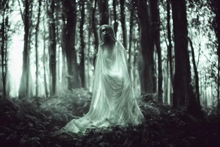 Image similar to a sad ghostly girl in the dark forest by Natalia Drepina