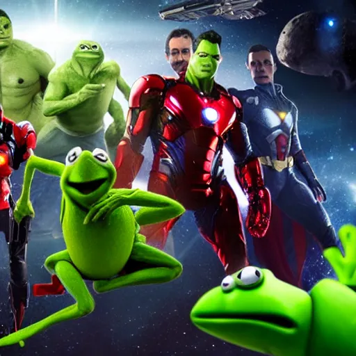Prompt: the avengers battle one kermit the frog in space, galaxy, hd, 8 k, explosions, gunfire, lasers, giant, epic, colorful, realistic photo, unreal engine, stars, prophecy, powerful, cinematic lighting, destroyed planet, debris, justice league, movie poster, violent, sinister, ray tracing, dynamic, print, epic composition