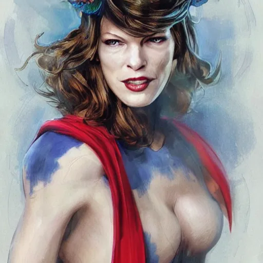 Image similar to superman as an attractive young smiling woman played by milla jovovich wearing a mushroom crown and heavy armoured wedding dress, face portrait, hd shot, digital portrait, elegant, beautiful, fantasy art, artstation, comic style, by artgerm, guy denning, jakub rozalski, magali villeneuve and charlie bowater
