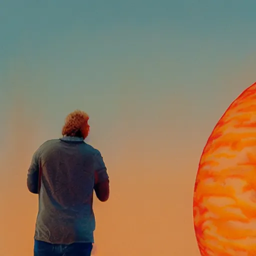 Image similar to giant fiery sun takes up most of the sky, two men look out over the horizon of a desert with plants on fire, anamorphic film still