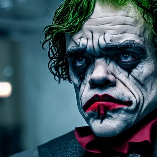 Image similar to stunning awe inspiring peter dinklage as the joker, movie still 8 k hdr atmospheric lighting