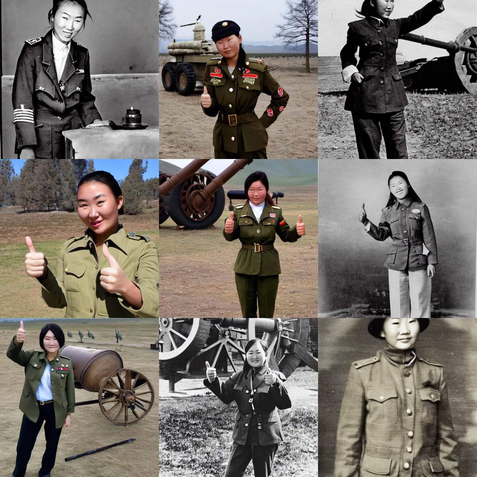 Prompt: Young woman in the Mongolian army wearing a khaki jacket, shirt and tie with trousers, giving a thumbs up to the camera, posing next to a cannon