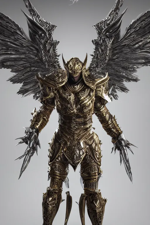 Image similar to a photo of 8k ultra realistic archangel, full body, diablo, intricate white and gold armor, sword, ornate, cinematic lighting, hyperrealistic, focused, high details, unreal engine 5, cinematic, Trending on artstation, artstationHD, artstationHQ, 4k, 8k