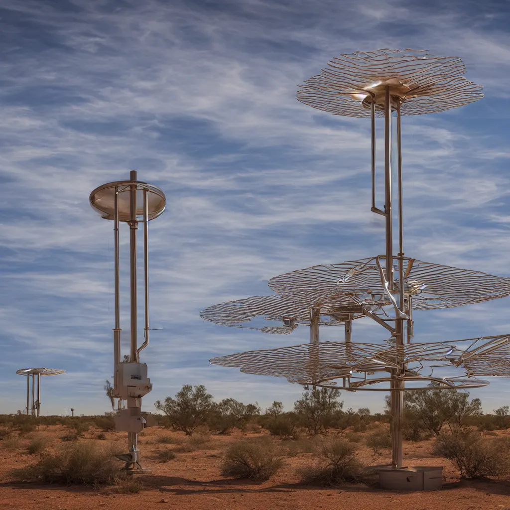 Prompt: multiple radial shaped, electrostatic atmospheric water condenser and collector, nikoa tesla antenna array technology, in the red australian desert, dawn's natural light, high quality photograph, shallow depth of field, simple composition, symmetrical, golden ratio, anemometer