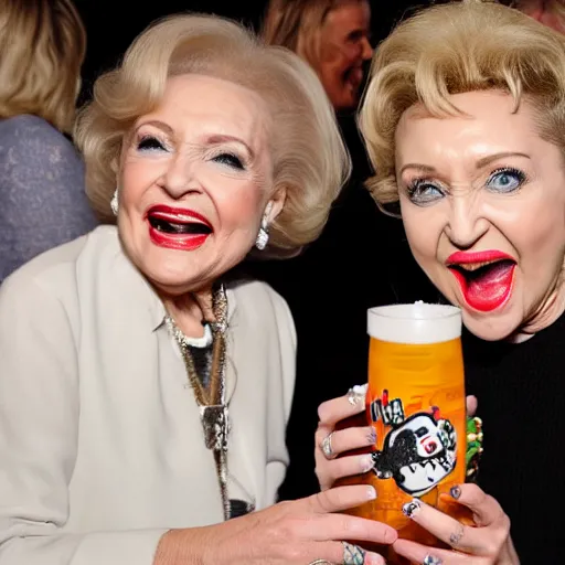 Image similar to betty white drinking white claw with miley cyrus