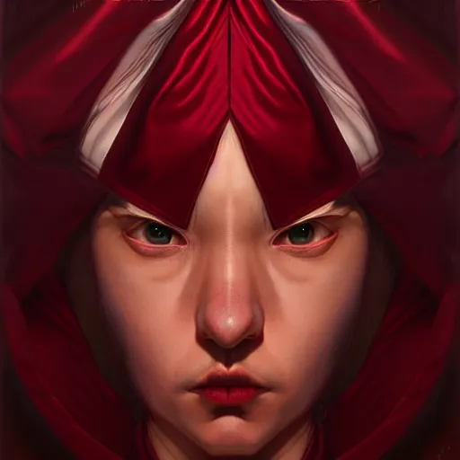 Prompt: chaotic burgundy satin ribbons build image of face, one point perspective, moebius, bao pham, donato giancola, larry elmore, masterpiece, trending on artstation, featured on pixiv, cinematic composition, beautiful lighting, sharp, details, hyper - detailed, hdr, 4 k, 8 k