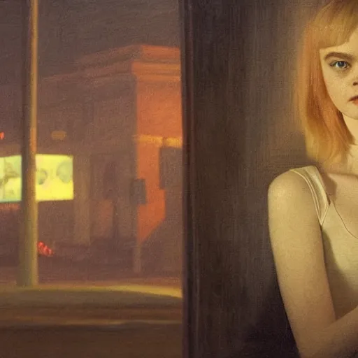 Prompt: Elle Fanning in hell at night in the world of Edward Hopper, stormy snowy weather, streetlights, extremely detailed masterpiece, oil on canvas, low-key neon lighting, artstation, Blade Runner 2049, Roger Deakin’s cinematography, by J. C. Leyendecker and Peter Paul Rubens,