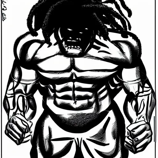 Image similar to black hulk with dreadlocks, cartoon drawing, meme