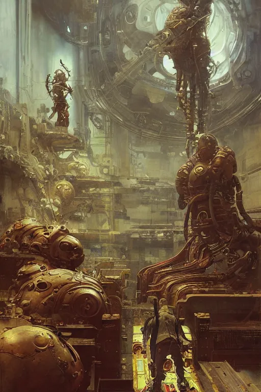 Prompt: scientists in a laboratory observe a huge martian wearing armour, painted by ruan jia, raymond swanland, lawrence alma tadema, zdzislaw beksinski, norman rockwell, jack kirby, tom lovell, alex malveda, greg staples