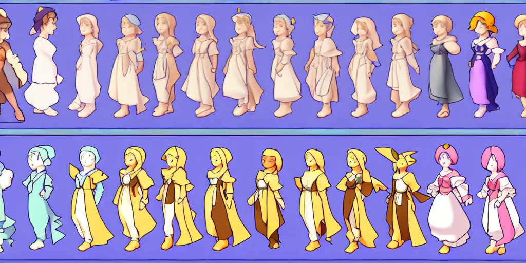 Prompt: walking animation sprite sheet of a girl in a renaissance dress, walking to the right, each sprite is a different frame of the animation, in the style of pokemon games