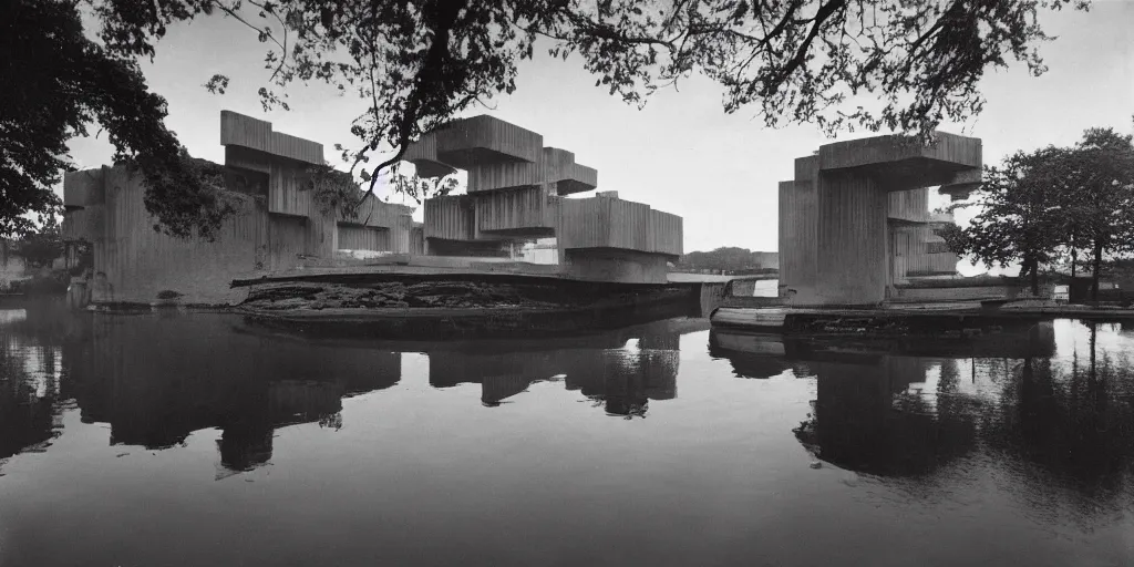 Image similar to a floating upside down brutalism architecture, ilford hp 3, photo from 1 9 5 0, emerged by a river