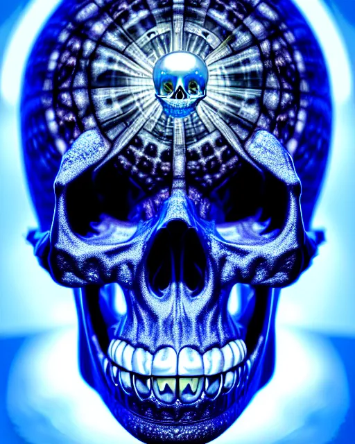 Prompt: very detailed portrait of skull with pearl sphere blue glowing eyes + melting face skin + 4 k hyper details render + by alex grey + fractal mundelbulb intricate design + dramatic lighting + cinematography photography