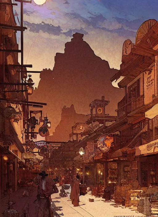 Prompt: beautiful commission of a desert western town. Atmospheric. Renowned scene illustration by greg rutkowski, thomas kindkade, alphonse mucha, loish, norman rockwell. detailed, inked, western comic book art