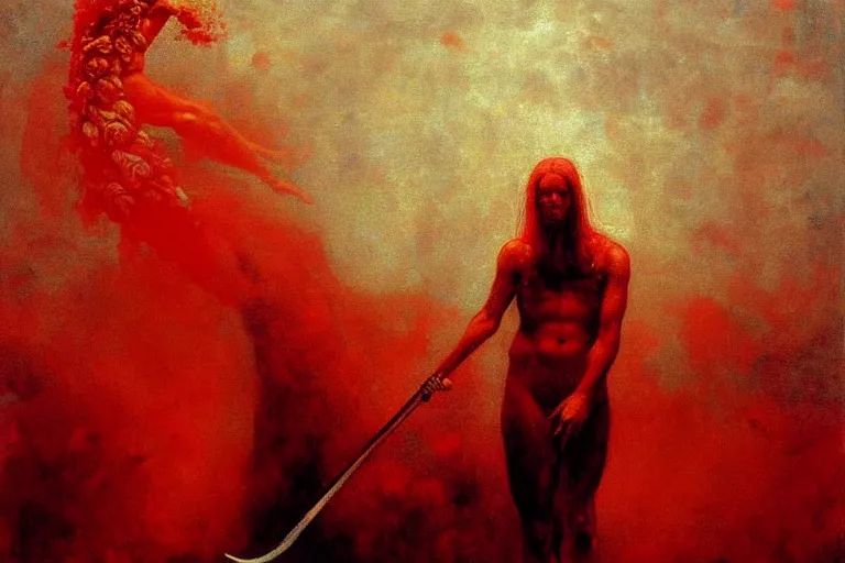 Image similar to only with red, a red melted apollo with a laurel wreath and a flaming sword announce the win, athens in the background, pathos, in the style of beksinski, part by hopper, part by rodcenko, part by hofbauer, intricate composition, red by caravaggio, insanely quality, highly detailed, masterpiece, red light, artstation, 4 k