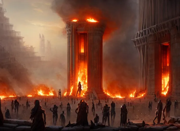 Prompt: A dozen humanoid robots burning the library of Alexandria, epic science fiction horror digital matte painting by Steve Henderson and Mark Brooks (and Greg Rutkowski), extremely detailed, artstation