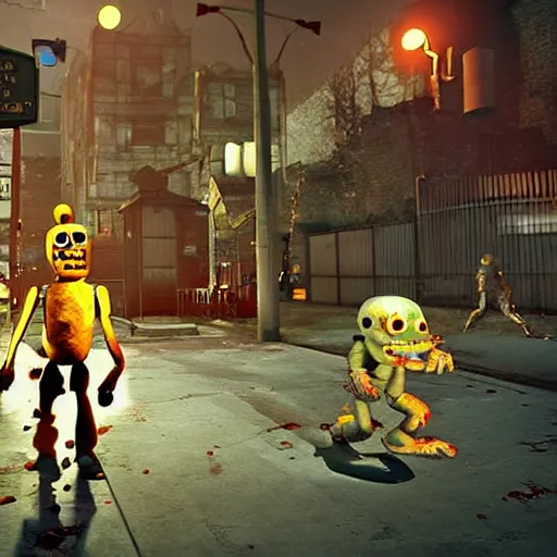 Image similar to “video game about zombies in a small town, 1960s, secret spies, octane render, style of nintendo + five nights at freddy’s”